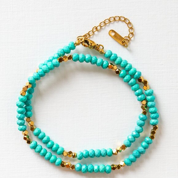 BUNDLE Turquoise Beaded Necklace & Bracelet Set Waterproof Gold - Picture 9 of 12